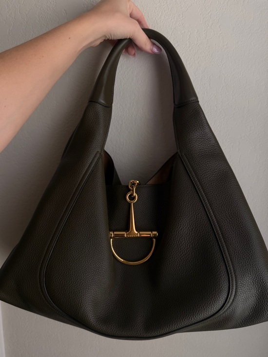 Gucci Handbags - Gucci Dark Olive Leather Shoulder Bag with Gold Hardware